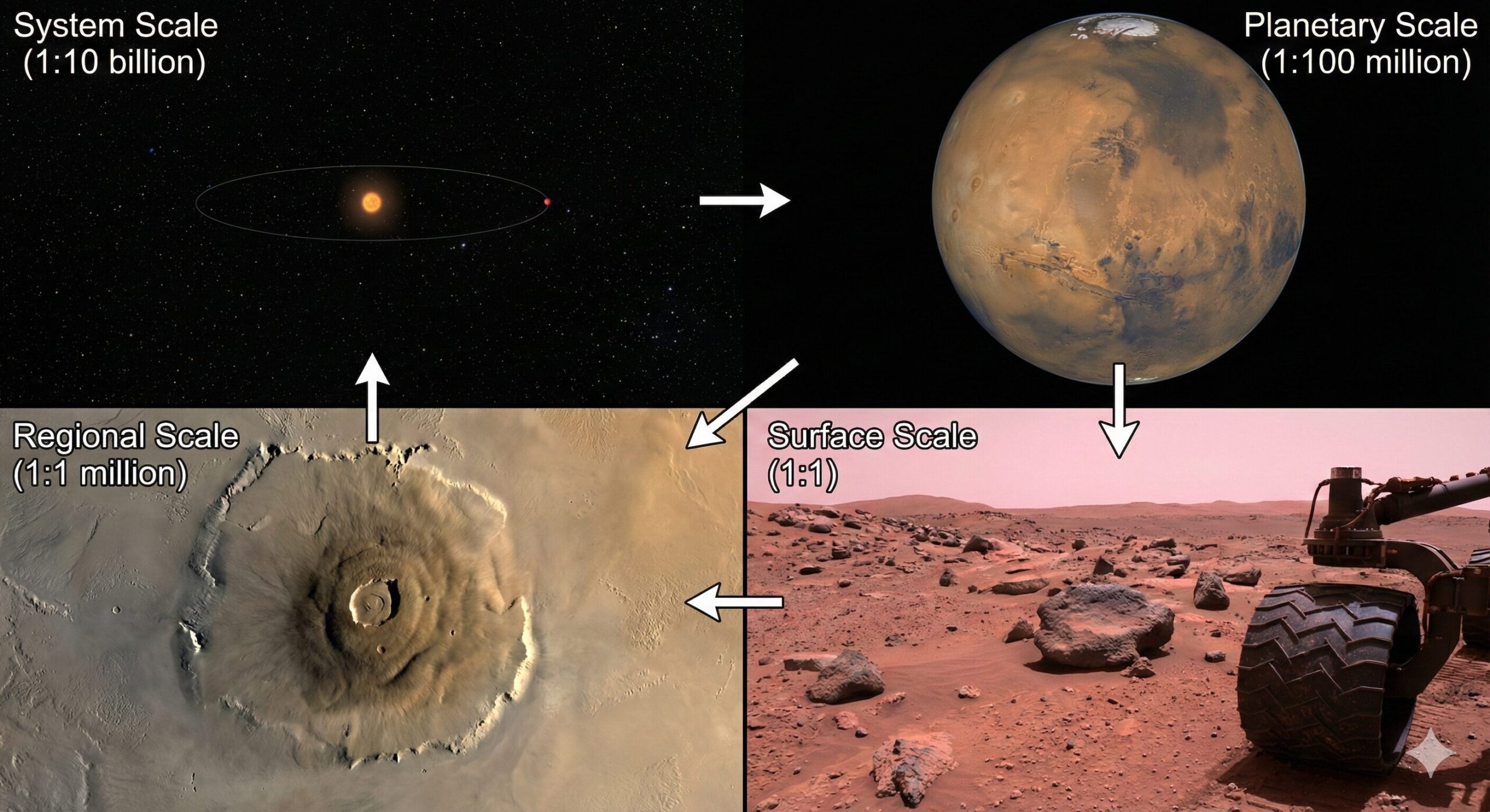 A four-panel collage showing Mars at progressively closer scales: a tiny dot, a full globe, a large volcano, and a view from a rover on the surface.