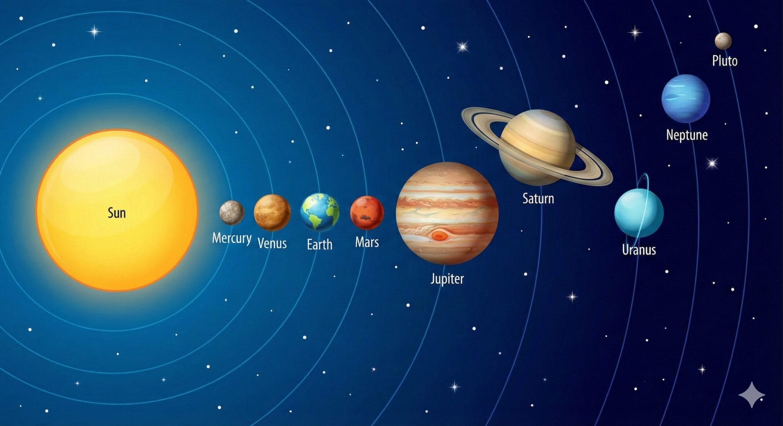 A diagram showing a 'Not to Scale' warning for a solar system model, contrasting a misleading diagram with a more accurate representation of vast empty space.